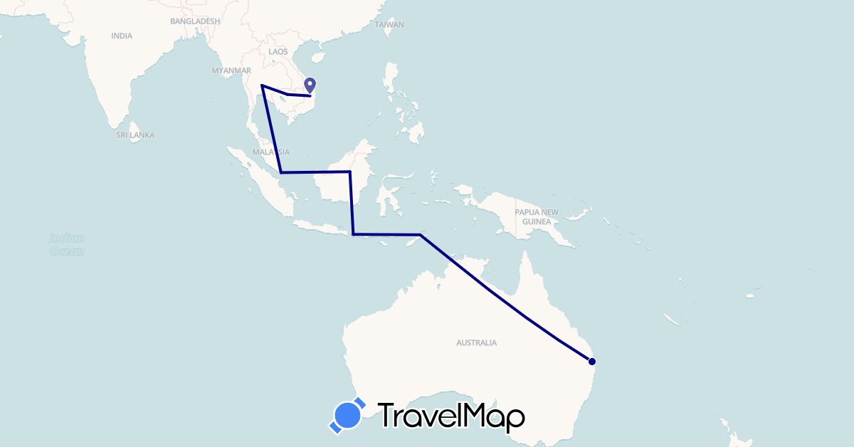 TravelMap itinerary: driving in Australia, Indonesia, Cambodia, Singapore, Thailand, East Timor, Vietnam (Asia, Oceania)